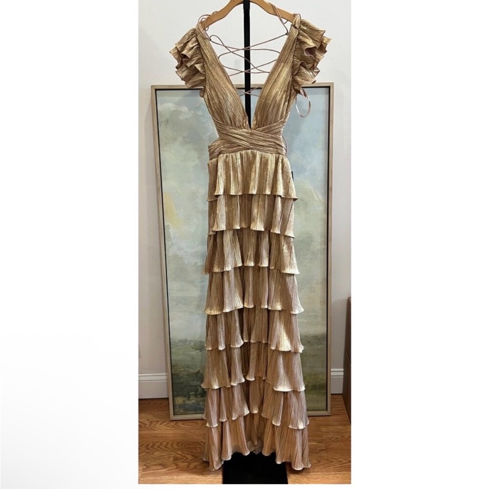Mac Duggal 26740 Gold Ruffle Tiered Corset Back Lace Up Gown Maxi Dress Size 12 - Picture 7 of 8